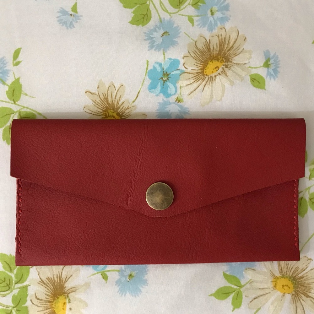 Handmade Genuine Leather Red Wallet Clutch with Gold Button